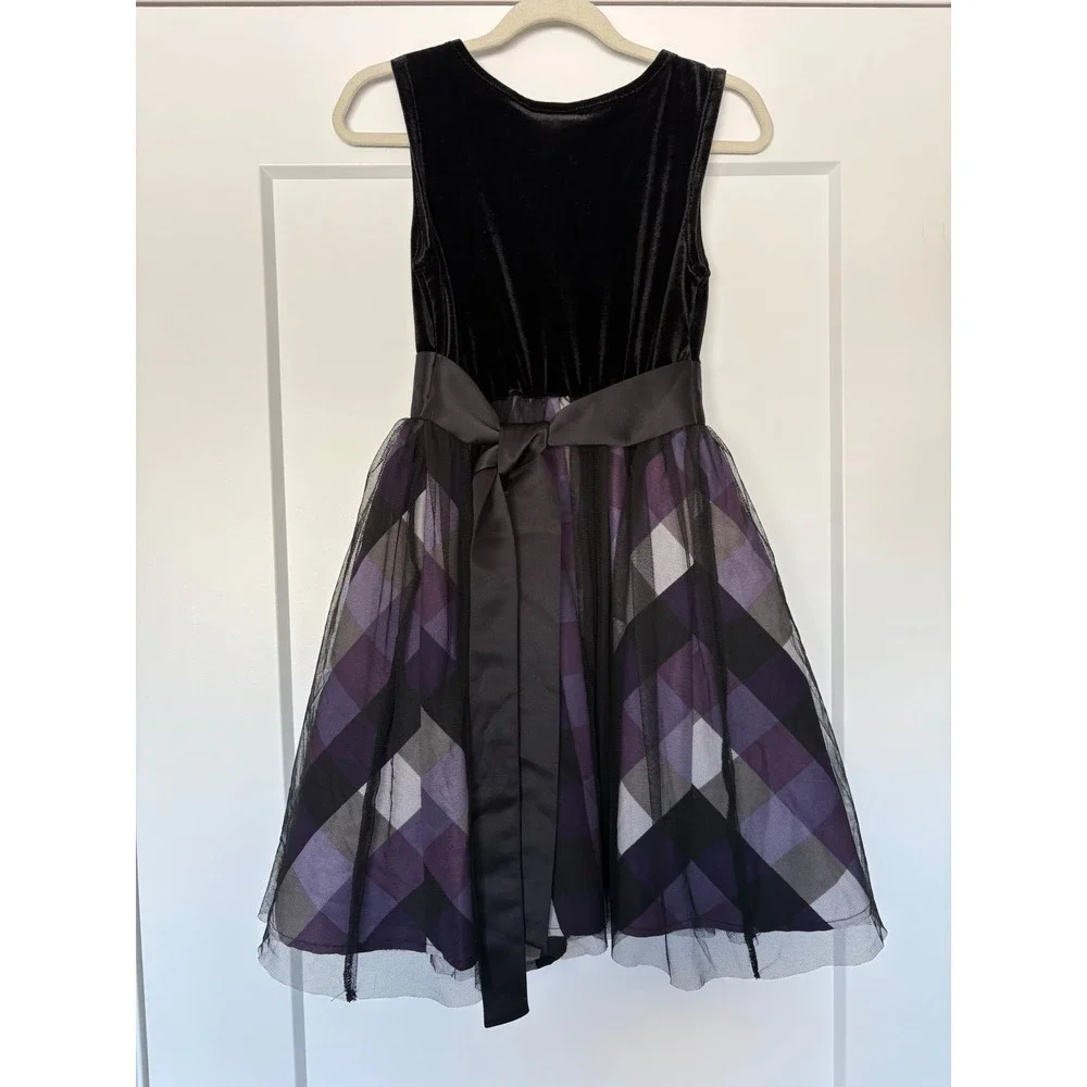 Justice Girls Black Velvet Purple Plaid Tulle Party Dress Rhinestone Studded 7